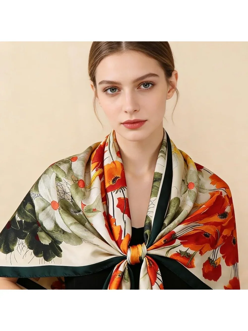 Women's White Orange Light Silk Like Scarves Flower Print Head Cotton Wrap Scarf